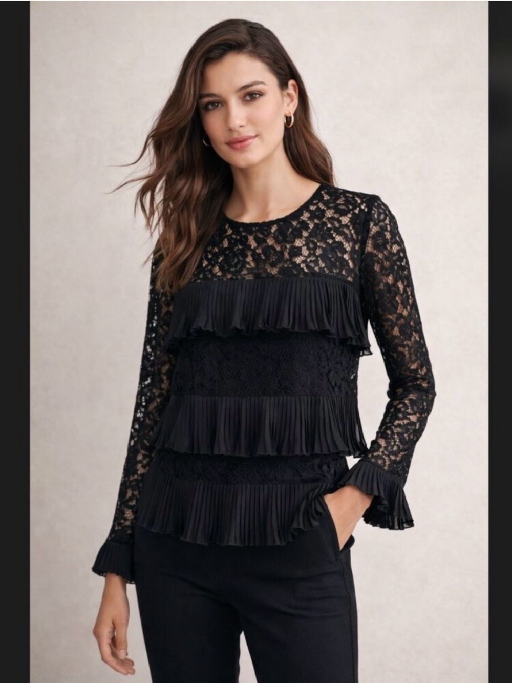 J. Crew Black Lace Ruffle Tiered Long-Sleeve Top